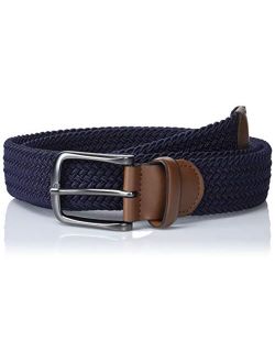 Men's Woven Stretch Leather-Trim Belt, Navy, Medium