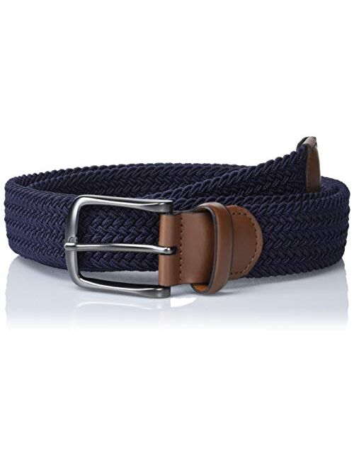 Perry Ellis Men's Woven Stretch Leather-Trim Belt, Navy, Medium