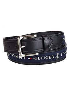 Men's Ribbon Inlay Fabric Belt with Single Prong Buckle