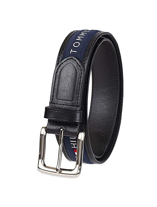 Tommy Hilfiger Men's Ribbon Inlay Fabric Belt with Single Prong Buckle