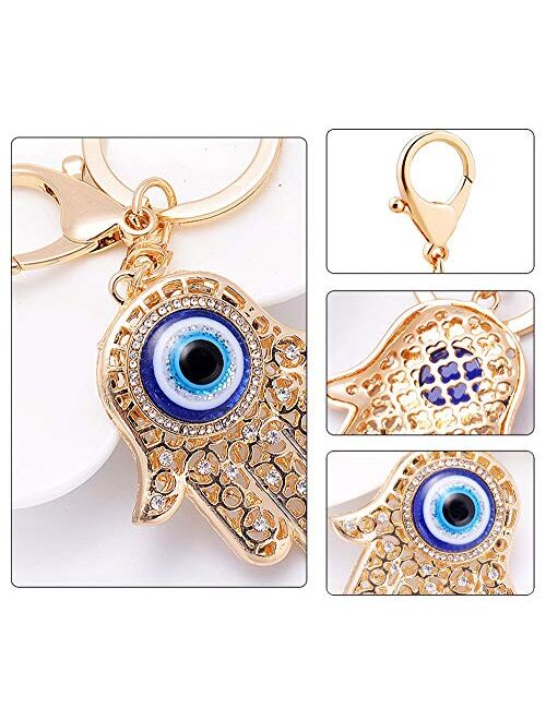 QTKJ Blue Evil Eye Hamsa Hand Keychain Crystal Keychain Charm Purse Pendant Handbag Bag Decoration Holiday (Gold)