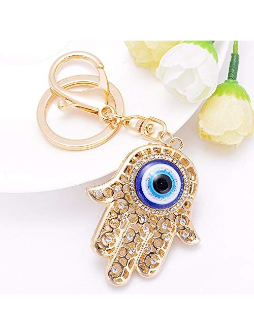 QTKJ Blue Evil Eye Hamsa Hand Keychain Crystal Keychain Charm Purse Pendant Handbag Bag Decoration Holiday (Gold)