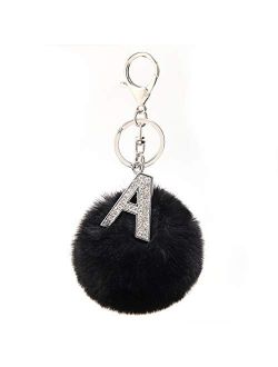 SUSULU Silver Metal Alphabet Keychains Rhinestone Keyring with 3in Fur Pom Poms Women Girls Shiny Crystal Key Ring Letter