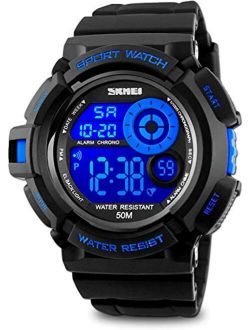 Mens Sport Running Watch, Digital Electronic 50M Waterproof Military Army Sports LED Wristwatch Water Resistant with Stopwatch Unique Dial 7 Color Changeable Backli