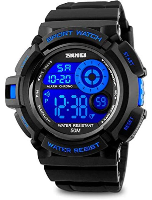 Skmei Mens Sport Running Watch, Digital Electronic 50M Waterproof Military Army Sports LED Wristwatch Water Resistant with Stopwatch Unique Dial 7 Color Changeable Backli