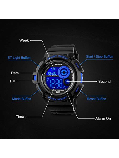 Skmei Mens Sport Running Watch, Digital Electronic 50M Waterproof Military Army Sports LED Wristwatch Water Resistant with Stopwatch Unique Dial 7 Color Changeable Backli
