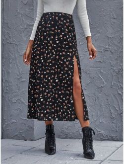 Ditsy Floral High-Slit Midi Skirt