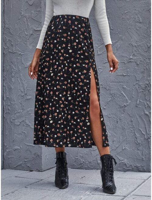 Shein Ditsy Floral High-Slit Midi Skirt