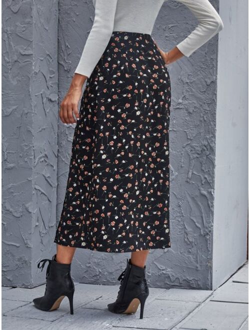 Shein Ditsy Floral High-Slit Midi Skirt