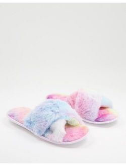 Loungeable cross front detail faux fur slippers in rainbow