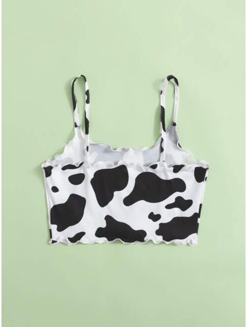 SHEIN Teen Girls Lettuce Trim Cow Print Crop Cami Top