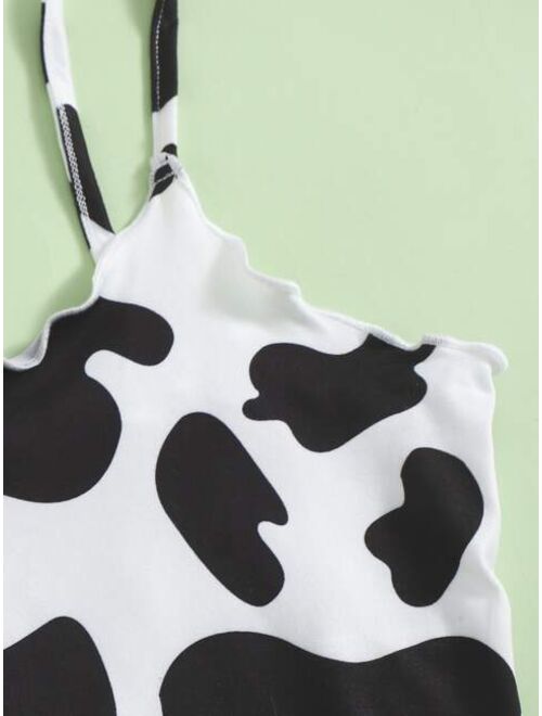 SHEIN Teen Girls Lettuce Trim Cow Print Crop Cami Top