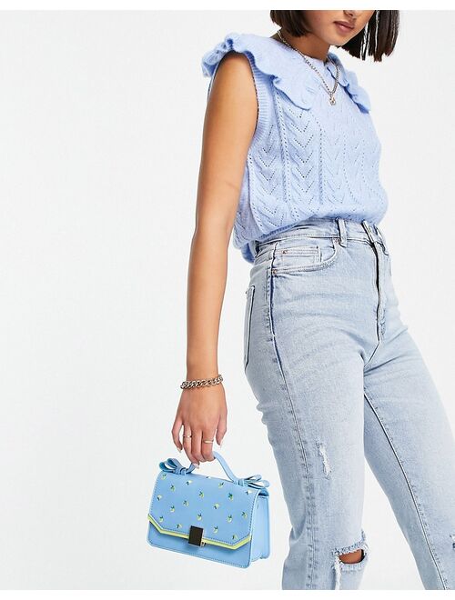 Skinny Dip ditsy lemon embroidered cross body bag in blue and yellow