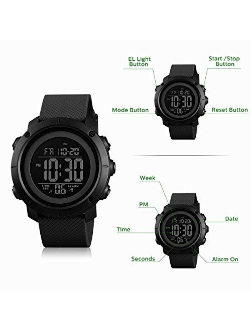 Mens Watch,Digital Sports Watch Waterproof Military Outdoor Black Large Face Watch for Men with Stopwatch LED Back Ligh/Alarm/Date Wrist Watches.