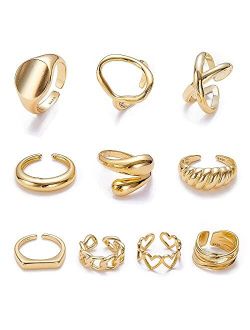 MOROYA 10PCS Gold Dome Chunky Rings for Women 18K Gold Plated Braided Twisted Round Signet Rings Adjustable Open Ring Band Statement Jewelry Size 7-9