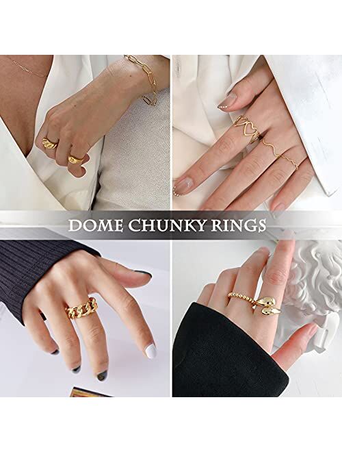 MOROYA 10PCS Gold Dome Chunky Rings for Women 18K Gold Plated Braided Twisted Round Signet Rings Adjustable Open Ring Band Statement Jewelry Size 7-9