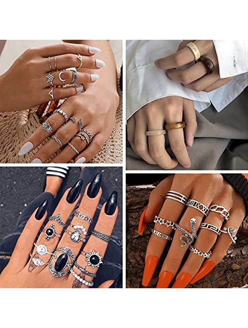 75 PCS Vintage Silver Knuckle Rings Set, Stackable Joint Finger Rings for Women, Bohemian Midi Rings, Boho Butterfly Snake Crystal Stacking Rings Pack