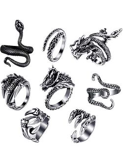 8 Pieces Vintage Punk Rings Octopus Dragon Snake Adjustable Ring