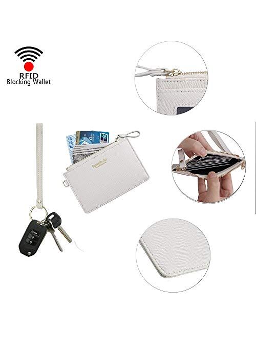 Women Slim RFID Card Case Holder Wristlet Zip ID Case Wallet Small Leather Wallet Coin Purse with Keychain