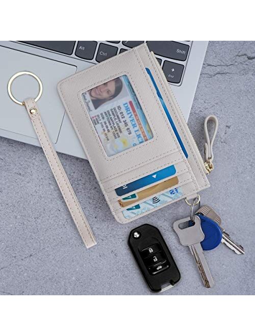 Women Slim RFID Card Case Holder Wristlet Zip ID Case Wallet Small Leather Wallet Coin Purse with Keychain