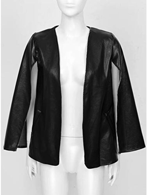 ranrann Women's PU Faux Leather Open Front Cape Cloak Poncho Split Sleeve Jacket Coat Casual Blazer