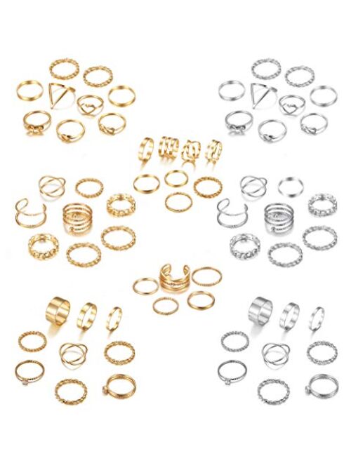 LOYALLOOK 65PCS Bohemian Knuckle Ring Midi Ring Set Hollow Silver Gold Vintage Stackable Rings Fashion Finger Knuckle Midi Rings for Women