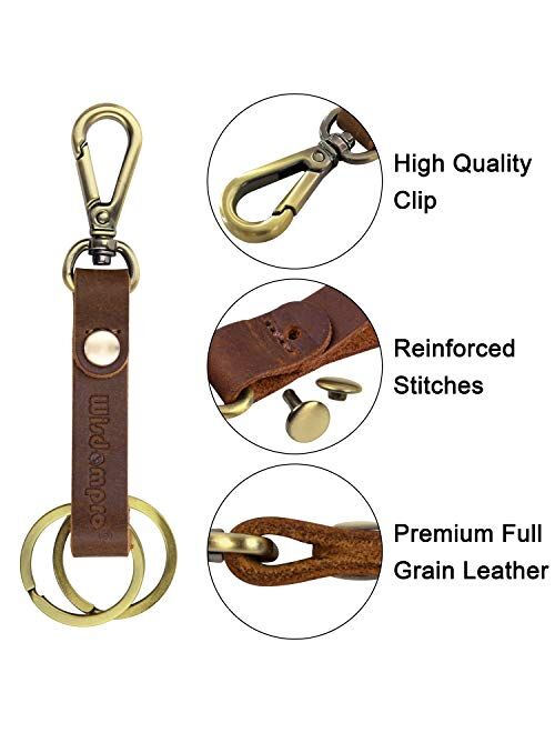 2 Pack Genuine Leather Keychain, Wisdompro Heavy Duty Key Chain with Retro Vintage Bronze Belt Loop Clip and 2 Keyrings for Keys - Black and Brown