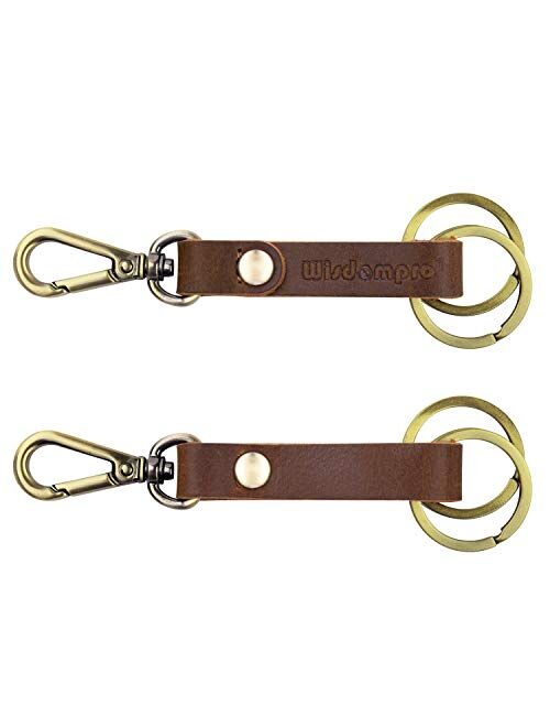 2 Pack Genuine Leather Keychain, Wisdompro Heavy Duty Key Chain with Retro Vintage Bronze Belt Loop Clip and 2 Keyrings for Keys - Black and Brown