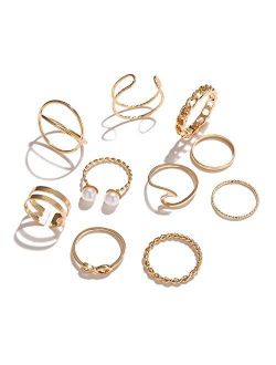 10 Pcs Gold Knuckle Stackable Rings Set for Women, Bohemian Gold/Silver Plated Comfort Fit Vintage VSCO Wave Joint Finger Rings Gift