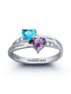 Sterling Silver Engagement Ring Promise Ring For Her 2 Heart Birthstones 2 Names & 1 Engraving Customized & Personalized