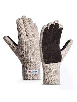 FWPP Thinsulate Thermal Inner -5℉ Winter Gloves for Men Women Fleece Wool Acrylic Knit Leather Palm M L