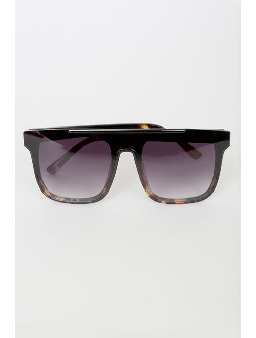 Lulus Block List Black and Tortoise Oversized Shield Sunglasses