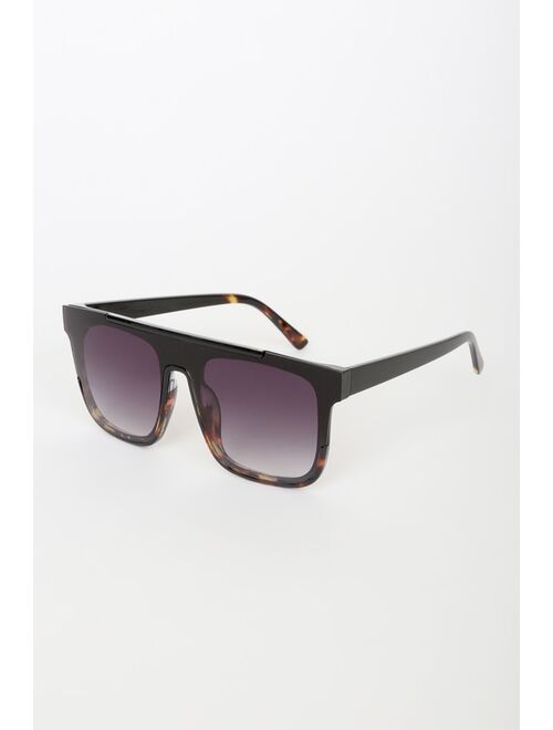 Lulus Block List Black and Tortoise Oversized Shield Sunglasses