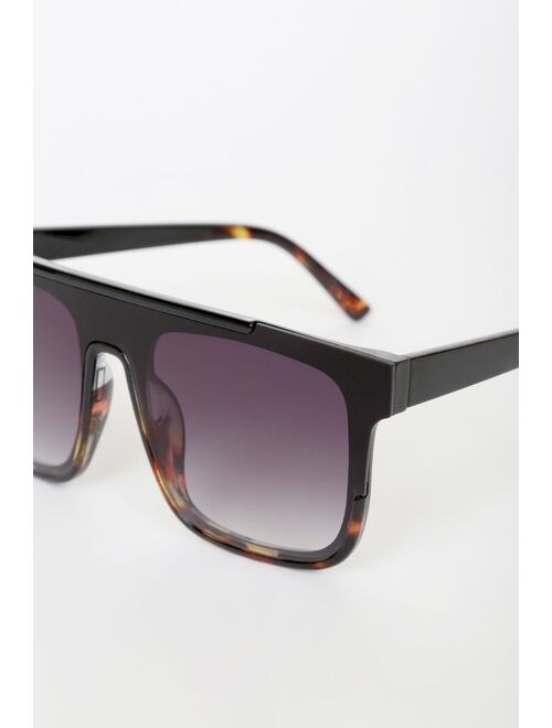 Lulus Block List Black and Tortoise Oversized Shield Sunglasses