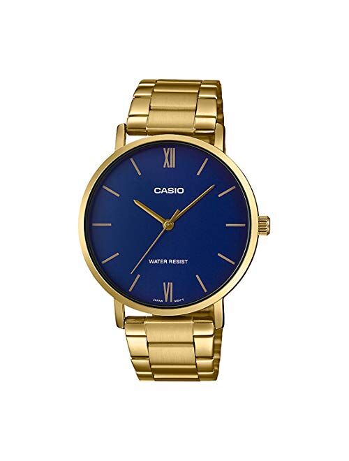 Casio MTP-VT01G-2B Men's Gold Tone Stainless Steel Minimalistic Blue Dial 3-Hand Analog Watch