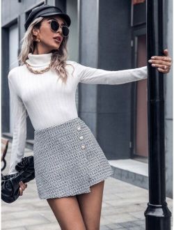 Tweed Wrap Button Front Skort