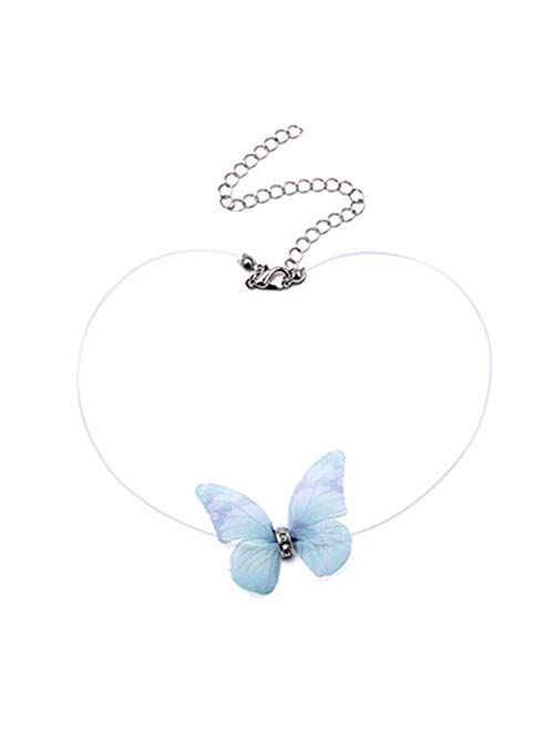 Womens Butterfly Necklace Choker Transparent Fishing Line Cute Rhinestone Butterfly Elf Fairy Necklace for Girls Kids Birthday Gift Jewelry