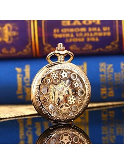 ManChDa Steampumk Skeleton Mechanical Pocket Watch Mens Double Hunter Golden Roman Numerals with Chain