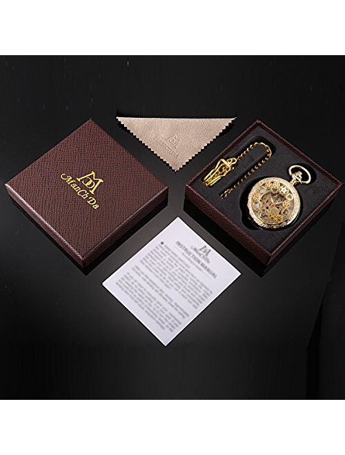 ManChDa Steampumk Skeleton Mechanical Pocket Watch Mens Double Hunter Golden Roman Numerals with Chain