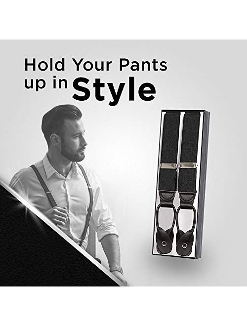 Hold'Em Suspenders for Men Y-Back Leather Trimmed Button End Tuxedo Suspenderss Many colors and designs