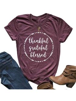 Thankful Grateful Blessed Thanksgiving T Shirt Womens Funny Letter Print Short Sleeve Fall Graphic Tee Tops