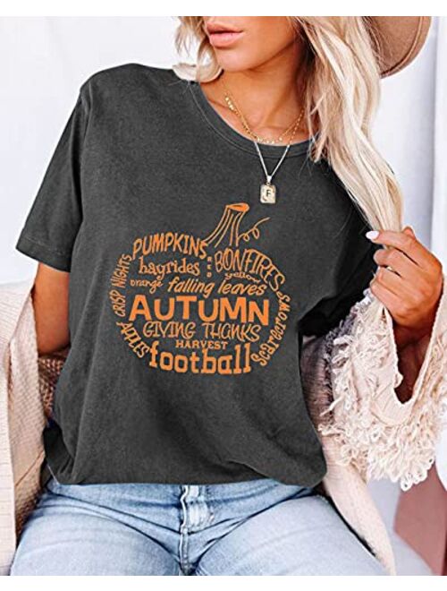 Pumpkin Hayrides Apple Cider Tshirt for Women Falling Leaves Letter Printed Tee Thanksgiving Short Sleeve Tee Tops