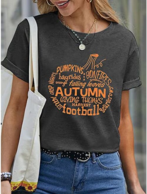 Pumpkin Hayrides Apple Cider Tshirt for Women Falling Leaves Letter Printed Tee Thanksgiving Short Sleeve Tee Tops 