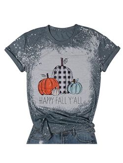 Halloween Happy Fall Y'all Letter T Shirt Women Plaid Pumpkin Graphic Spice Tee Tops
