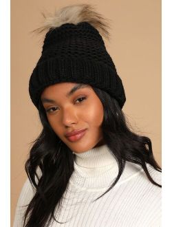 Snow Trendy Black Knit Pom Pom Beanie