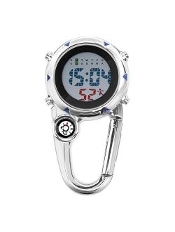 Clastyle Men Clip on Digital Pocket Watches with Compass Portable Sports Climbing Fob Watches with Stainless Steel