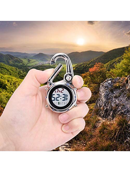 Clastyle Men Clip on Digital Pocket Watches with Compass Portable Sports Climbing Fob Watches with Stainless Steel