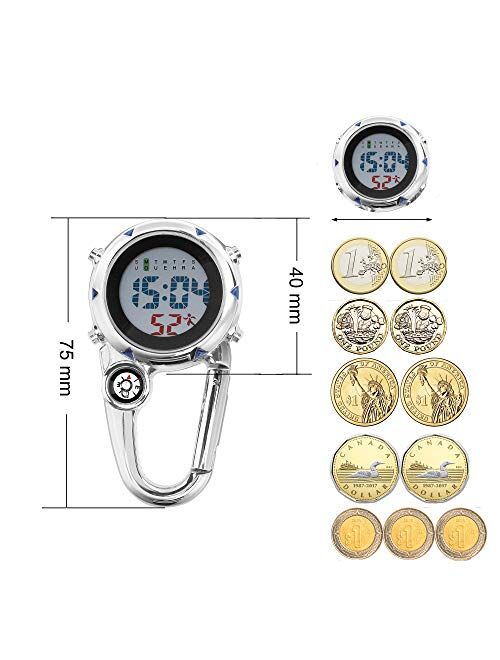 Clastyle Men Clip on Digital Pocket Watches with Compass Portable Sports Climbing Fob Watches with Stainless Steel