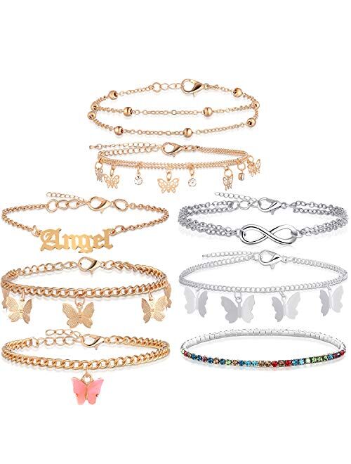Hicarer 8 Pieces Anklets for Women Cute Charms Butterfly Ankle Bracelets Colorful Rhinestone Anklets Boho Beach Layered Chain Anklets for Girls Foot Jewelry