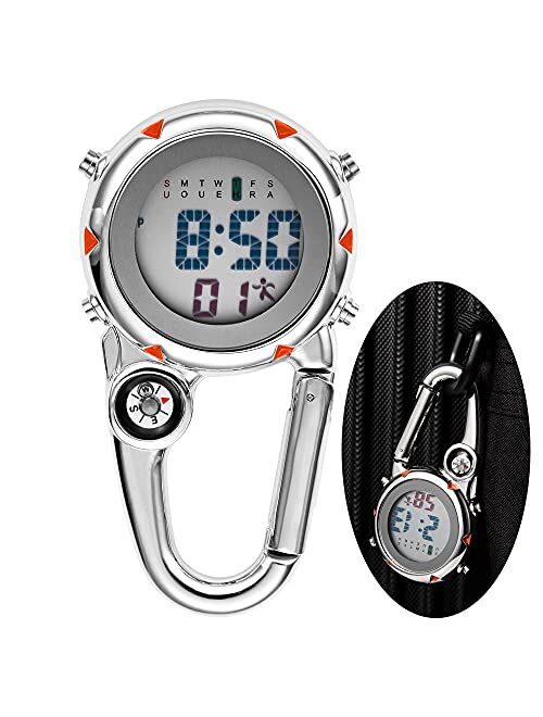 BINGHC Digital Carabiner Watch Multi-Function Clip-On Pocket Watch for Luminous Outdoor Sport Compass Climbing Watches (Color : Red)